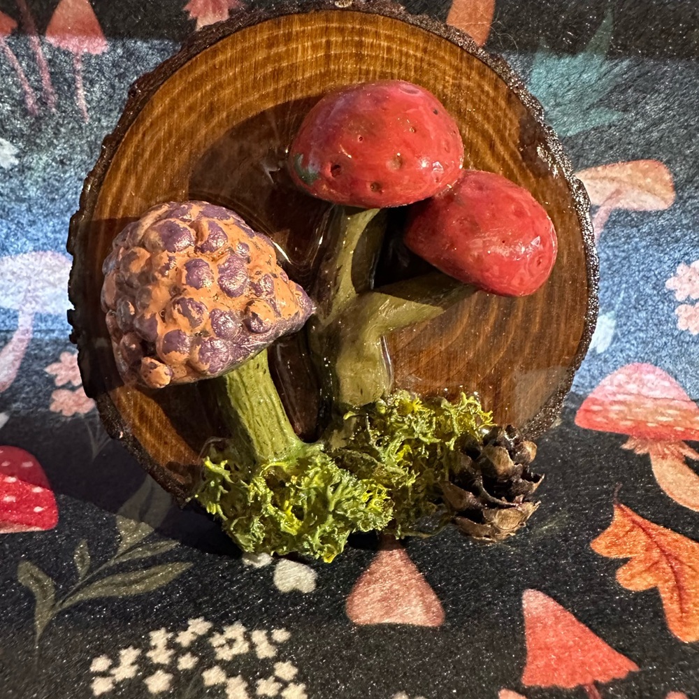 Wooden Mushroom Decor with Red and Purple Accents Magnet